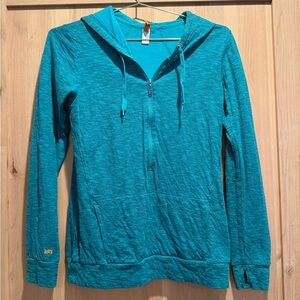 Lucy Women’s Teal Athletic Hoodie Half Zip Pullover Thumbholes - size small